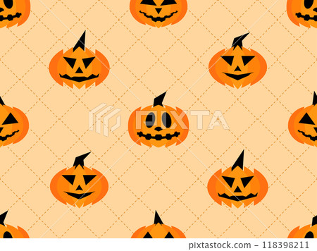 Halloween pumpkins seamless pattern. Halloween carved pumpkin face. Happy Halloween October 31st, trick or treat. Jack-o-lantern. Design for print, posters and banners. Vector illustration 118398211