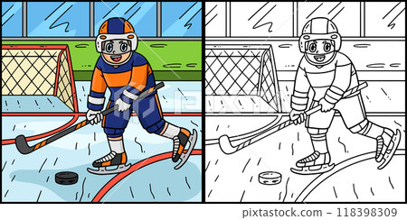 Ice Hockey Player Hitting Hockey Puck Illustration 118398309