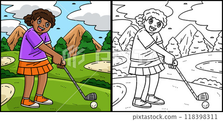 Golf Female Golfer Aiming Coloring Illustration 118398311