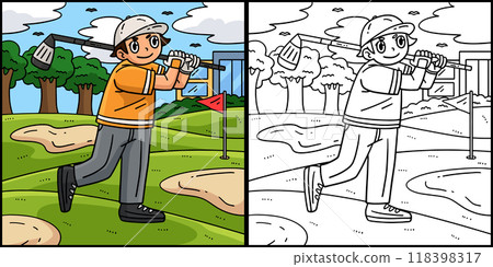 Golf Golfer Hitting a Ball Coloring Illustration 118398317