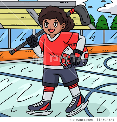 Ice Hockey Female Player Holding Helmet Colored Ice Hockey Female Player Holding Helmet Colored 118398324