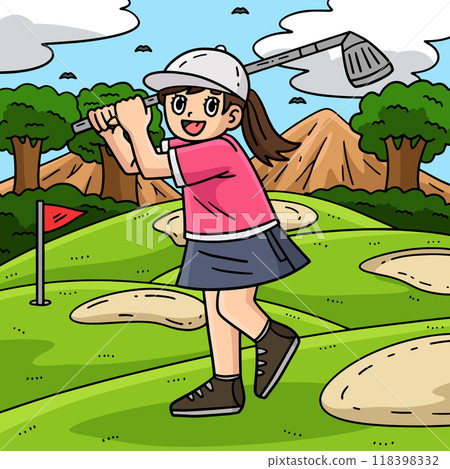 Golf Female Golfer Hitting Ball Colored Cartoon 118398332
