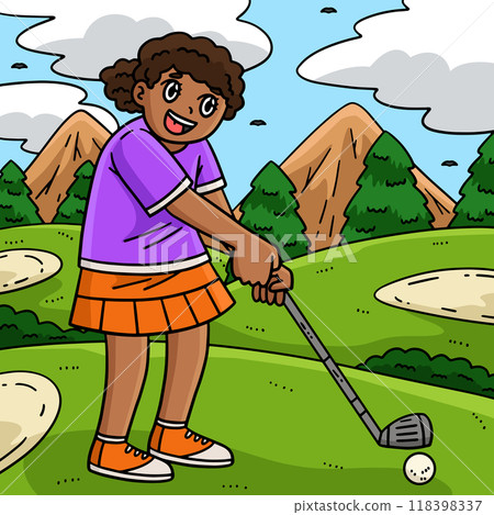 Golf Female Golfer Aiming Colored Cartoon  118398337