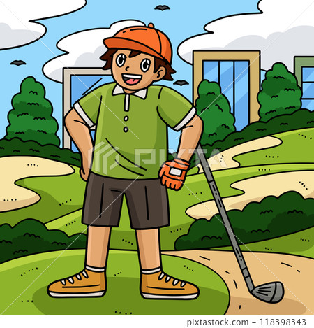 Golf Golfer Leaning on a Club Colored Cartoon Golf Golfer Leaning on a Club Colored Cartoon 118398343