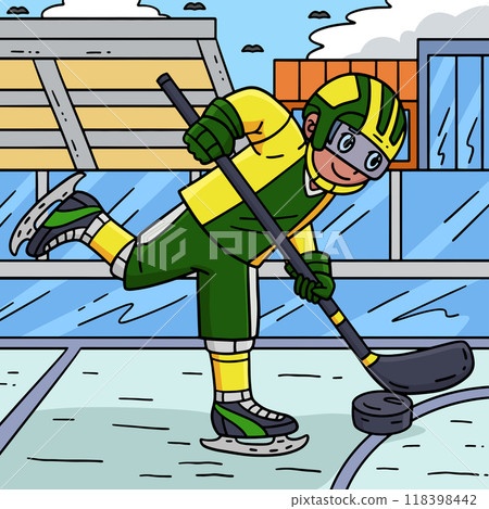 Ice Hockey Player Directing Puck Colored Cartoon Ice Hockey Player Directing Puck Colored Cartoon 118398442