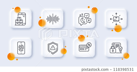 Sound wave, Shield and Mobile inventory line icons pack. 3d glass buttons with blurred circles. Sleep, Fingerprint, Cashback web icon. Security contract, Cardboard box pictogram. Vector 118398531