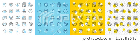 Vector icons set of Idea, Tips and Cloud computing line icons pack for web with Electricity, Checked file, Technical documentation outline icon. Recovery gear, Sales diagram, Map pictogram. Vector 118398583