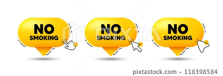 No smoking tag. Click here buttons. Stop smoke sign. Smoking ban symbol. No smoking speech bubble chat message. Talk box infographics. Vector 118398584