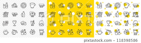 Outline Bombon coffee, Food donation and Water bottle line icons pack for web with Fast food, Vegetables cart, Milk line icon. Ice cream, Juice, Cold coffee pictogram icon. Tea cup. Vector Outline Bombon coffee, Food donation and Water bottle line icons pack for web with Fast food, Vegetables cart, Milk line icon. Ice cream, Juice, Cold coffee pictogram icon. Tea cup. Vector 118398586