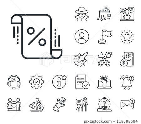 Discount blueprint sign. Salaryman, gender equality and alert bell outline icons. Loan percent line icon. Credit percentage symbol. Loan percent line sign. Spy or profile placeholder icon. Vector Discount blueprint sign. Salaryman, gender equality and alert bell outline icons. Loan percent line icon. Credit percentage symbol. Loan percent line sign. Spy or profile placeholder icon. Vector 118398594