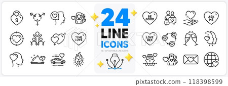 Icons set of Woman love, Heart and Hold heart line icons pack for app with Love her, Romantic talk, Romantic dinner thin outline icon. Friend, Champagne glasses, Ask me pictogram. Vector 118398599