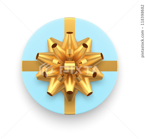 Blue elegant circle gift box with golden luxury bow ribbon top view 3d icon realistic vector 118398682