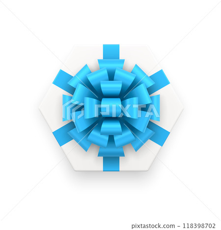 White hexagonal festive gift box with glossy blue bow ribbon top view 3d icon realistic vector 118398702