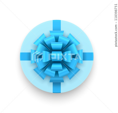 Romantic blue circle gift box with luxury glossy bow ribbon top view 3d icon realistic vector Romantic blue circle gift box with luxury glossy bow ribbon top view 3d icon realistic vector 118398731