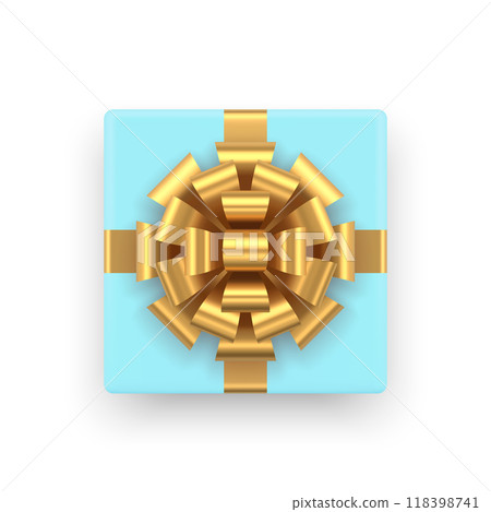 Blue luxury gift box with golden glossy bow ribbon top view 3d icon realistic vector illustration 118398741