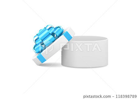 White elegant circle open gift box with blue bow ribbon 3d icon realistic vector illustration 118398789