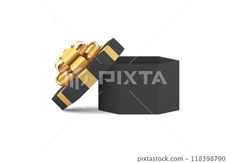 Black hexagonal stylish open gift box with premium golden bow ribbon 3d icon realistic vector 118398790