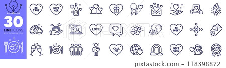 Friend, Call me and Love line icons pack. Romantic gift, Love heart, Hold heart web icon. Be true, Wedding rings, Lgbt pictogram. Divorce lawyer, Friends world, Be sweet. Rainbow. Vector 118398872