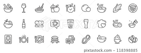Icons pack as Peanut, Beer bottle and Beer glass line icons for app include Fruits, Cook, Food delivery outline thin icon web set. Vegetarian food, Pasta dish, Seafood pictogram. Peas. Vector 118398885