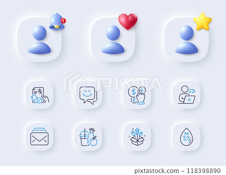 Smile face, Money currency and Prescription drugs line icons. Placeholder with 3d bell, star, heart. Pack of Ph neutral, Video conference, Mail icon. Juice, Fireworks rocket pictogram. Vector Smile face, Money currency and Prescription drugs line icons. Placeholder with 3d bell, star, heart. Pack of Ph neutral, Video conference, Mail icon. Juice, Fireworks rocket pictogram. Vector 118398890