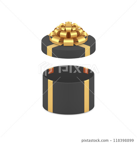 Fashion black circle open gift box golden luxury bow ribbon festive pack 3d icon realistic vector Fashion black circle open gift box golden luxury bow ribbon festive pack 3d icon realistic vector 118398899