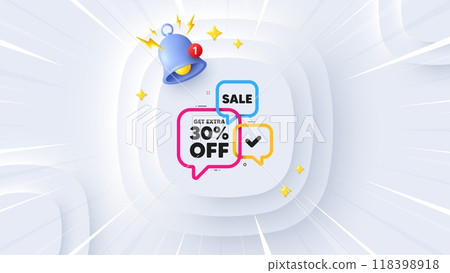 Sale 30 percent banner. Neumorphic offer 3d banner, poster. Discount sticker shape. Coupon bubbles icon. Sale 30 promo event background. Sunburst banner, flyer or coupon. Vector Sale 30 percent banner. Neumorphic offer 3d banner, poster. Discount sticker shape. Coupon bubbles icon. Sale 30 promo event background. Sunburst banner, flyer or coupon. Vector 118398918