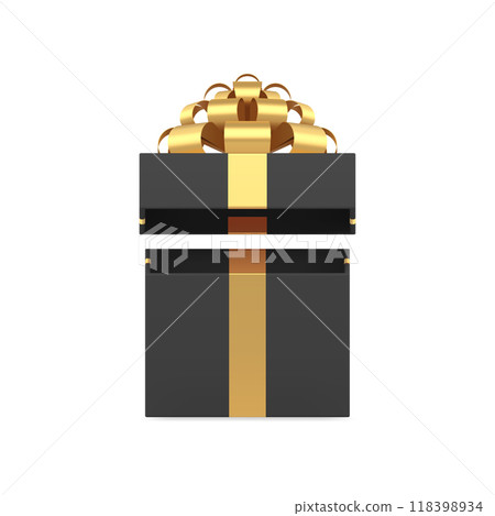 Fashion black squared open gift box with luxury golden bow ribbon 3d icon realistic vector 118398934
