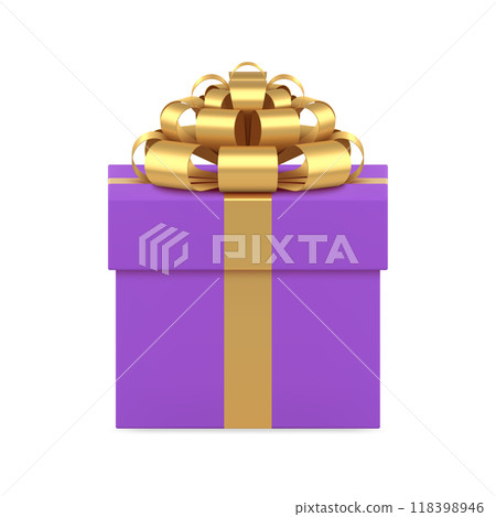 Purple luxury gift box with golden bow ribbon for greeting holiday surprise 3d icon realistic vector 118398946