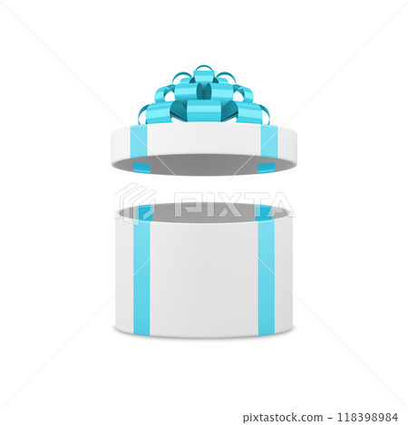 Elegant white circle open gift box with luxury blue bow ribbon 3d icon realistic vector illustration Elegant white circle open gift box with luxury blue bow ribbon 3d icon realistic vector illustration 118398984