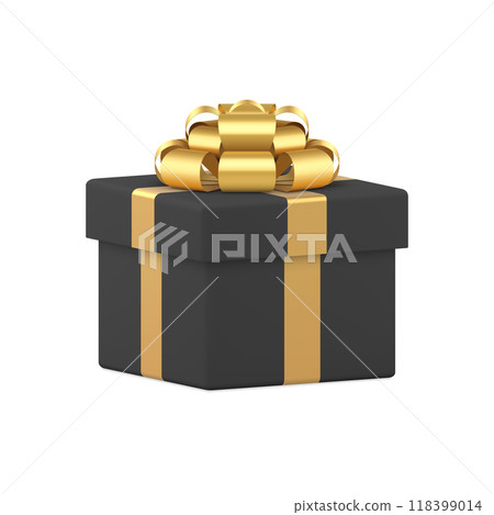 Black wrapped gift box with luxury golden bow ribbon male present 3d icon realistic vector Black wrapped gift box with luxury golden bow ribbon male present 3d icon realistic vector 118399014