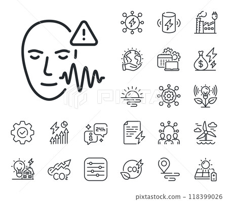 Face scan sign. Energy, Co2 exhaust and solar panel outline icons. Voice wave line icon. Voice verification symbol. Voice wave line sign. Eco electric or wind power icon. Green planet. Vector Face scan sign. Energy, Co2 exhaust and solar panel outline icons. Voice wave line icon. Voice verification symbol. Voice wave line sign. Eco electric or wind power icon. Green planet. Vector 118399026