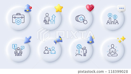 Discount, Ab testing and Business results line icons. Buttons with 3d bell, chat speech, cursor. Pack of Yoga, Teamwork, Medical insurance icon. Communication, Hold heart pictogram. Vector 118399028
