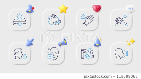 Cough, Face accepted and Sun protection line icons. Buttons with 3d bell, chat speech, cursor. Pack of Use gloves, Washing hands, Mountain bike icon. Tomato, Face id pictogram. Vector 118399065