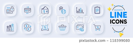 Credit card, Graph chart and Fraud line icons for web app. Pack of Clipboard, Shop cart, Lock pictogram icons. Discounts ribbon, Currency exchange, Money signs. Special offer, Wallet. Vector 118399080