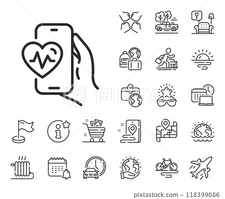 Fat burning application sign. Plane jet, travel map and baggage claim outline icons. Cardio training app line icon. Gym fit heartbeat symbol. Cardio training line sign. Vector Fat burning application sign. Plane jet, travel map and baggage claim outline icons. Cardio training app line icon. Gym fit heartbeat symbol. Cardio training line sign. Vector 118399086