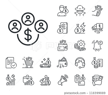 Dollar money sign. Cash money, loan and mortgage outline icons. Buying currency line icon. Economy trade symbol. Buying currency line sign. Credit card, crypto wallet icon. Vector 118399089