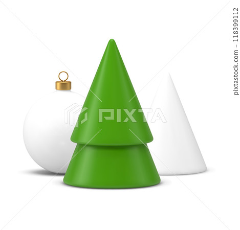Cute green Christmas tree with white elegant toy ball and cone pyramid 3d icon realistic vector Cute green Christmas tree with white elegant toy ball and cone pyramid 3d icon realistic vector 118399112