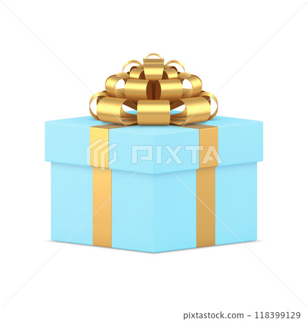 Blue squared gift box with luxury golden bow ribbon holiday present 3d icon realistic vector 118399129