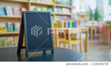 Children's educational store with a black sandwich board on a table, ready for custom messages promoting new arrivals. Empty sandwich board 118399239