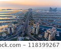 Aerial panoramic view of Palm Jumeirah during sunset, Dubai, UAE 118399267