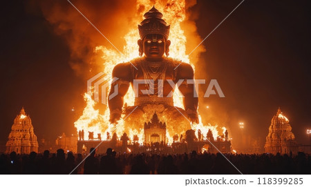 Burning effigy of Ravana, dramatic flames and smoke. Festive crowd celebrating Dussehra, nighttime 118399285