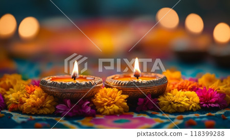 Traditional Diwali diyas lit with a warm, golden glow, placed on a surface with rangoli and flowers 118399288