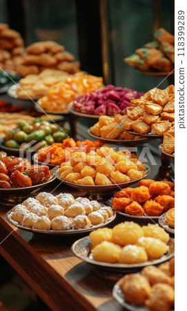 Assortment of traditional Indian sweets and savory snacks for Dussehra and Diwali. Vertical banner Assortment of traditional Indian sweets and savory snacks for Dussehra and Diwali. Vertical banner 118399289