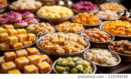 Colorful traditional Indian sweets and savory snacks arranged beautifully for Dussehra and Diwali 118399290