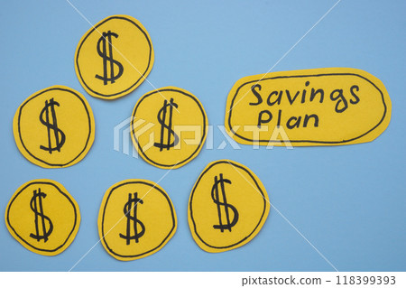 Words savings plan and dollar signs. Financial planning and budgeting. 118399393