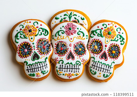 Traditional Mexican skull-shaped cookies for the Day of the Dead isolated on white background. Ai generative 118399511