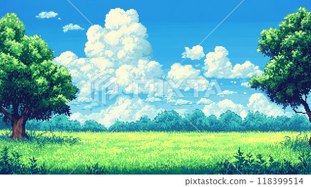 Pixel art blue sky and green field 118399514