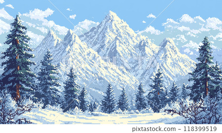 Pixel art winter landscape with snowy mountains - Stock