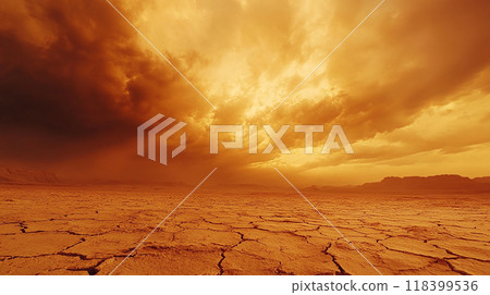 A desert landscape with dry land and dramatic skies 118399536