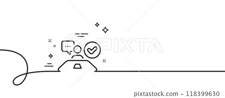 Approved interview line icon. Continuous one line with curl. Accepted employee sign. Human resource symbol. Job interview single outline ribbon. Loop curve pattern. Vector Approved interview line icon. Continuous one line with curl. Accepted employee sign. Human resource symbol. Job interview single outline ribbon. Loop curve pattern. Vector 118399630